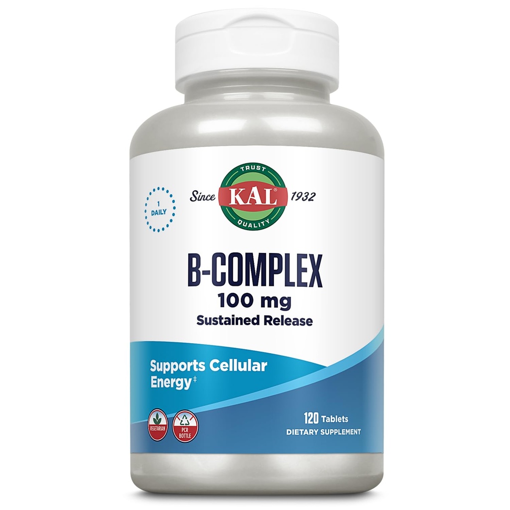 KAL B-100 Complex - Trvalá release vitamín B komplex - Zdravá energetická podpora s prírodnou podporou Základňa a čerstvé Minty povlak - Vegetarián - 60 Day Záruka - 120 Servings, 120 Tablety