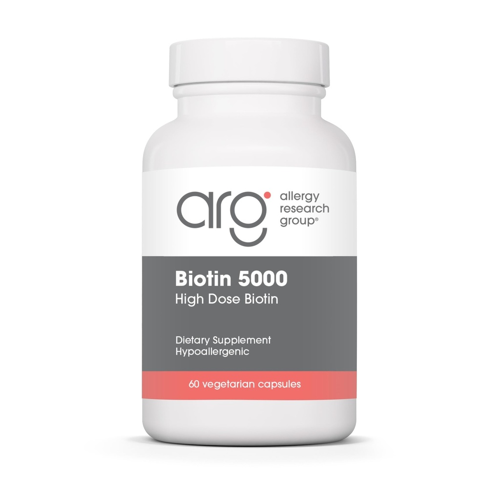 Alergy Research Group Biotin 5000 Supplement - 5000mcg Biotin, Vitamíny pre vlasy, kožu a nechty, vysoká dávka, Vegetariánske kapsule, Hypoalergenic, Gluten Free - 60 Počet