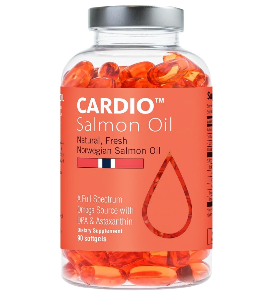 Cardio Omega 3 Fish Oil - 1000mg, Norwegian Salmon Oil with EPA, DHA, DPA & Astaxanthin, No Fishy Aftertaste, Fatty Acids Supplement - 90 Capsules