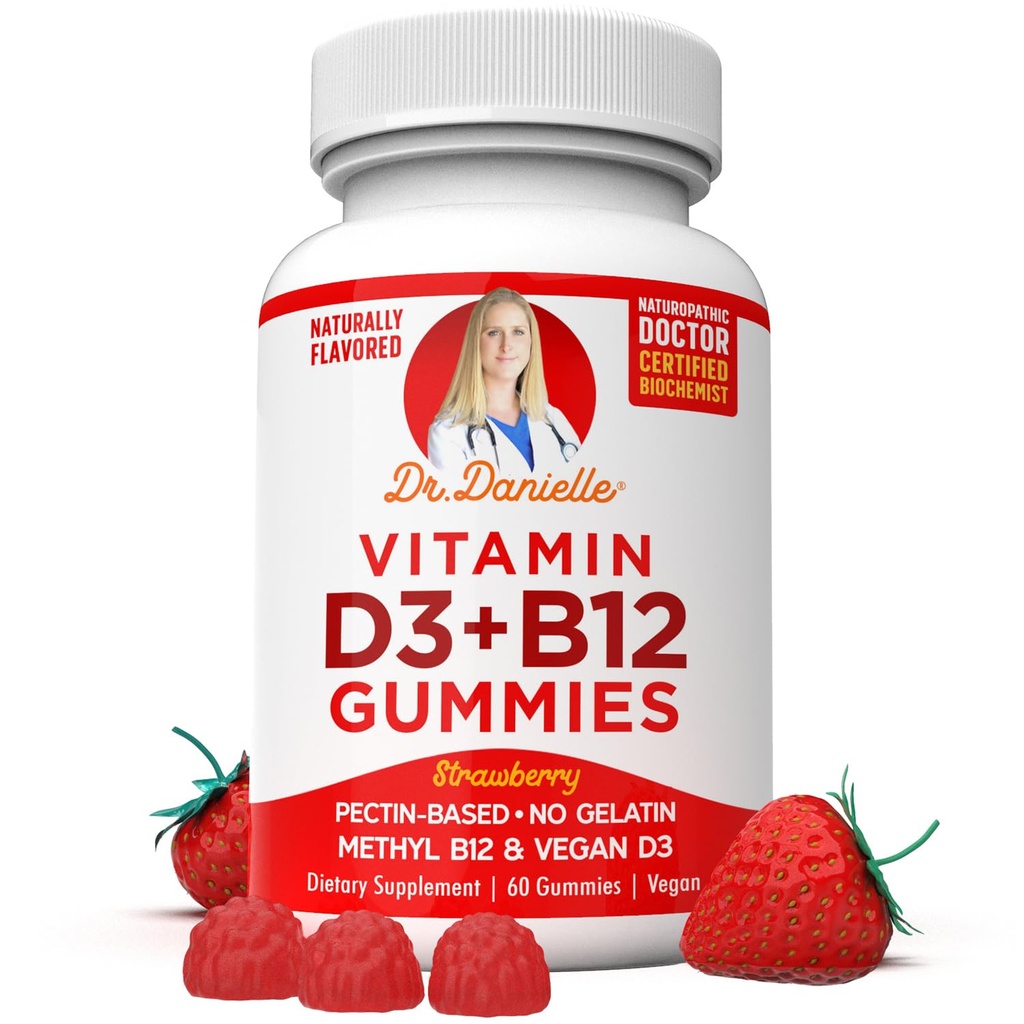 Vitamín D3, B12 Gummies od Dr. Danielle, Vegan Daily Supplement for Adults & Kids, non-GMO, Vitamín D3 1000 IU & 250 μg Vitamín B12, 2 mesiace Zásoba (60 Gummies)
