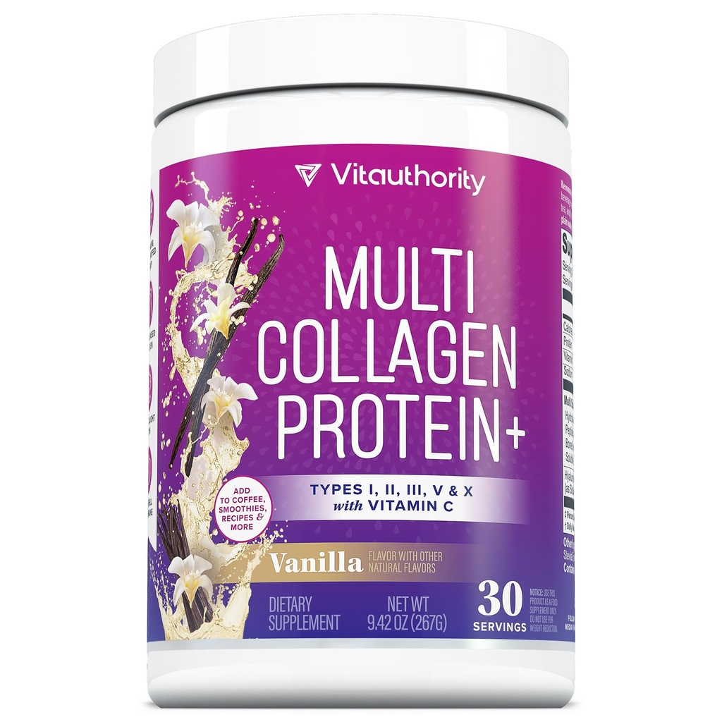 Multi Collagen Peptides Powder for Women - Hydrolyzed Collagen Powder for Women with Types I II III Plus Vitamin C & Hyaluronic Acid for Beautiful Hair Skin and Nails 30 Servings Vanilla Flavored