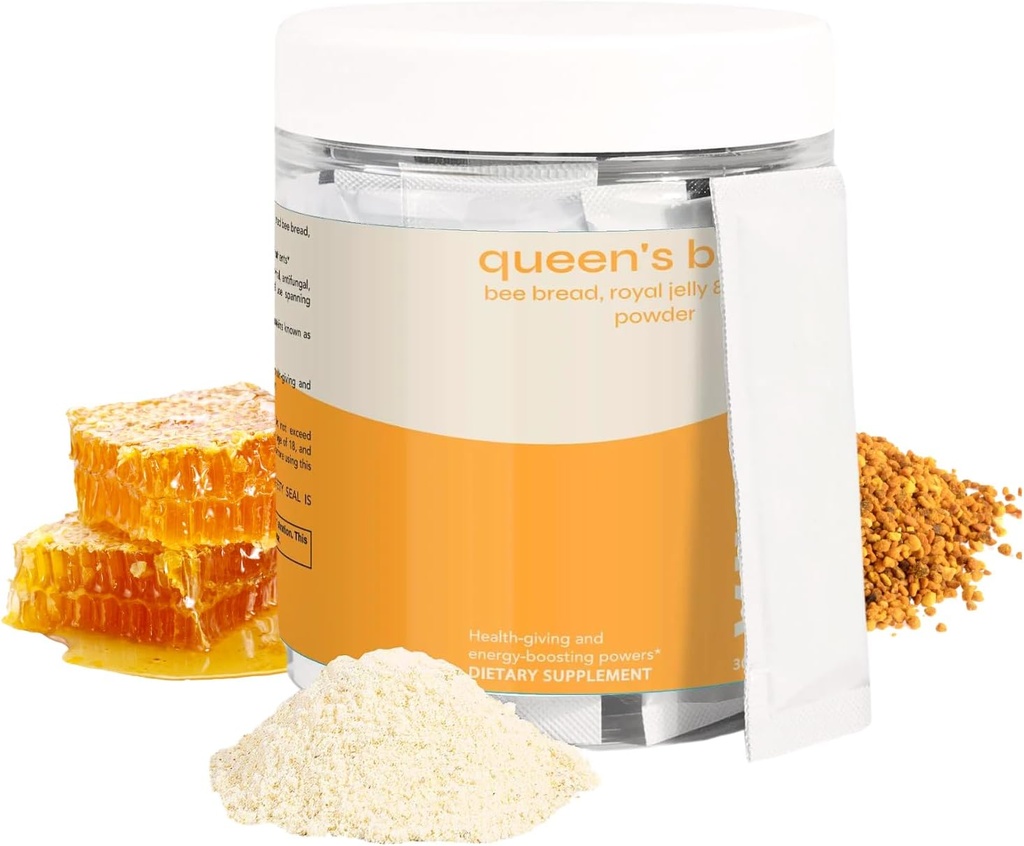 Queen's Boost - Včelí chlieb bez cukru, kráľovský želé & Propolis prášok s vitamínom C - non-GMO, Immune and Energy Support- 30 individuálne vrecúška v balení, 30-dňová dodávka