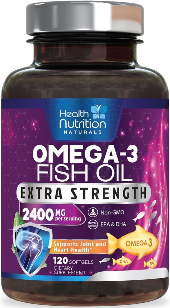 Omega 3 Fish Oil 2400 mg - Triple Strength Omega3, EPA & DHA Fatty Acids Supplement - Natural Support for Immune, Heart & Brain Health - Wild Caught, Non-GMO, Lemon Flavor, Burpless - 120 Softgels