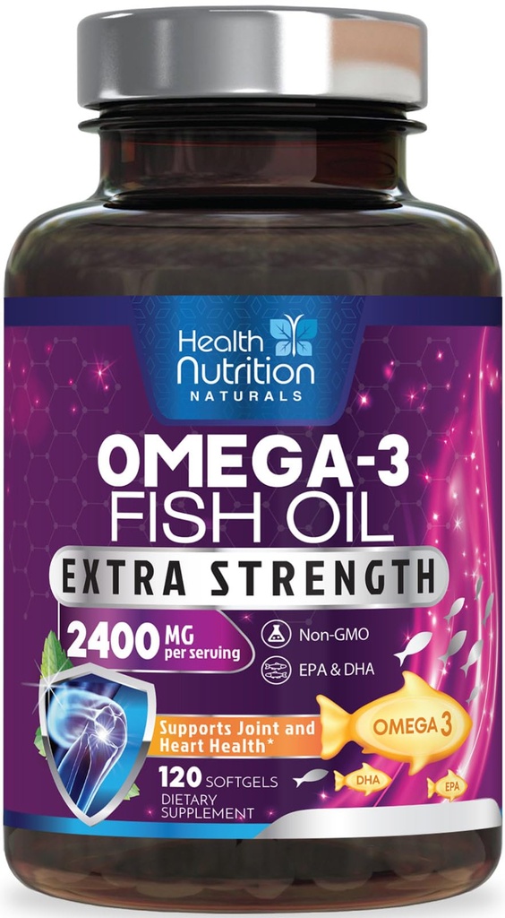 Omega 3 Rybí olej 2400 mg - Trojitá sila Omega3, EPA a DHA Mastné kyseliny Doplnkové - Prírodná podpora imunitného, srdcového a mozgového zdravia - Wild Caught, Non-GMO, citrónová aróma, Burpless - 120 Softgels