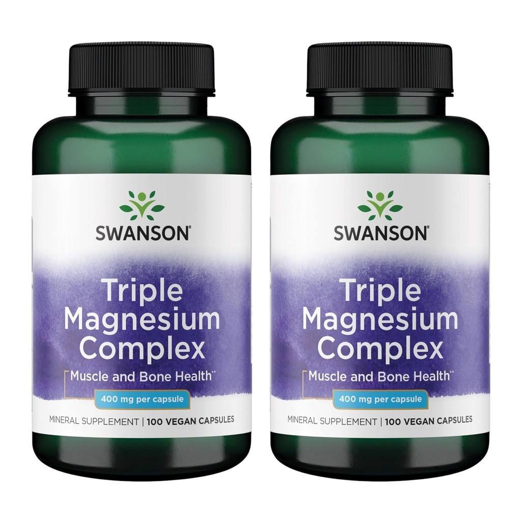 Swanson Triple Magnesium Complex, 400 mg, 100 Caps, 2 Pack | Mineral Supplement Featuring Magnesium Citrate, Oxide and Aspartate for Nerve, Muscle and Bone Health and Stress Support