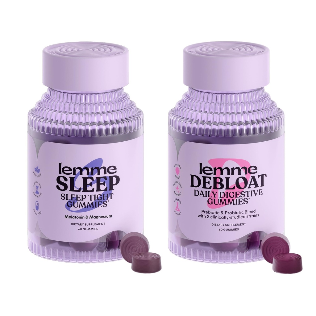 Lemme Sleep & Debloat Bundle - Sleep Gummies, Drug-free Nighttime Aid & Debloat Gummies for Digestive & Gut Health, Probiotiká & Prebiotiká - Gluten Free, Želatína Free, Non-GMO - 60 Ct.