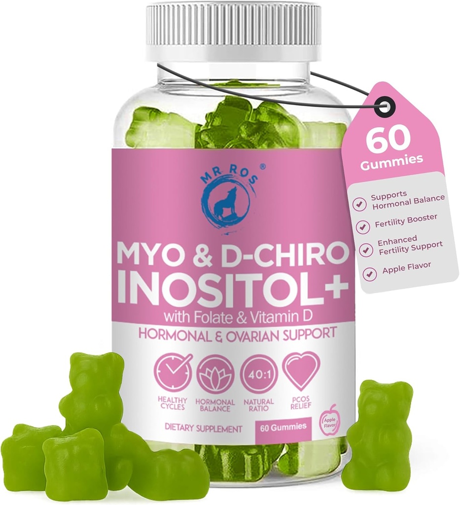 Inozitol Gummy PCOS s folátom a vitamínom D - Myo & D-Chiro Inositol Blend, 40:1 pomer, 60 Apple Flavor Gummies