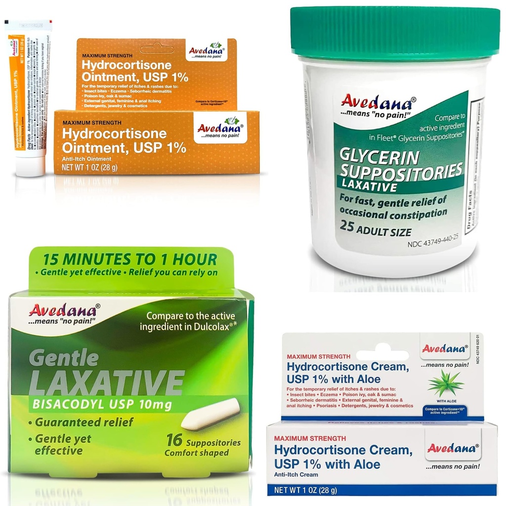 AVEDANA Relief Essentials Bundle - Glycerin and Bisacodyl Laxative Suppositories, Hydrocortisone Ointment, and Itch and Rash Cream - Complete Skin Care and Constipation Kit for Men and Women
