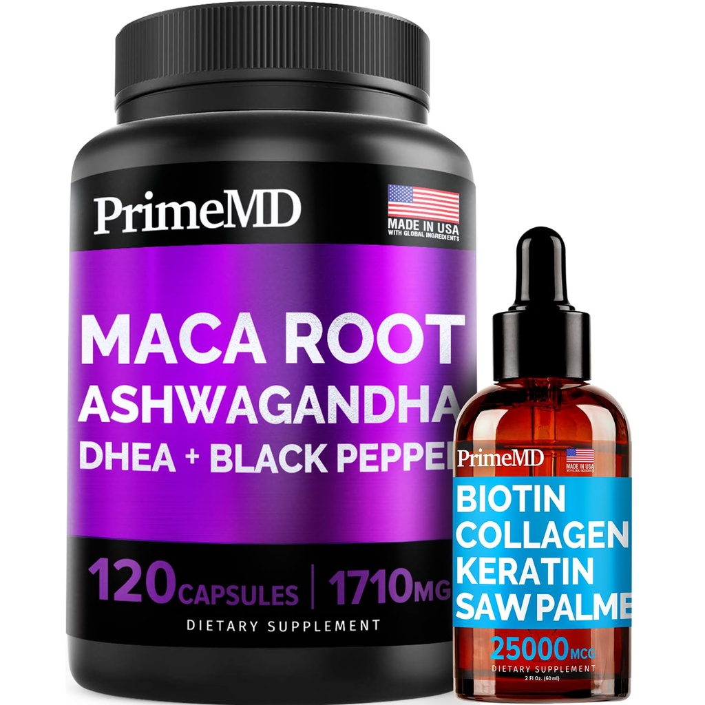 4-in-1 Liquid Biotin Collagen Keratin Saw Palmetto kvapky (2 fl oz - 1 balenie) & 6-in-1 Maca Root Ashwagandha w Black Pepper Fruit (120ct) Bundle - vlasy, koža, nechty, Energia a Mood Suplement