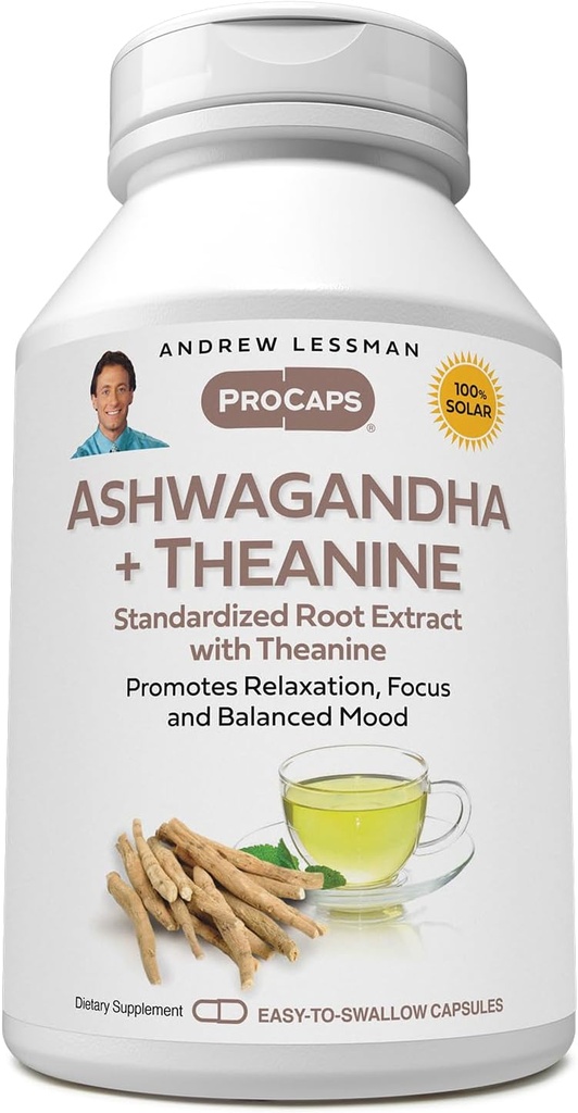 ANDREW LESSMAN Ashwagandha + Theanine 60 Kapsule - Štandardizovaný extrakt. Podporuje relaxáciu, zameranie a vyváženú náladu. Malé kapsuly sa ľahko prehĺtajú