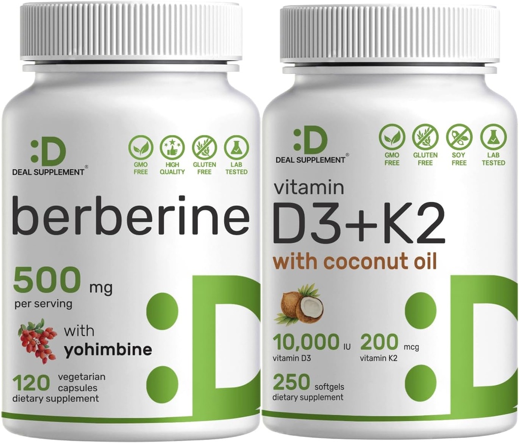 DEAL DOPLNOK Vitamín D3 10 000iu + K2 200mcg Softgels & Berberine Supplement with Yohimbine Bundle 