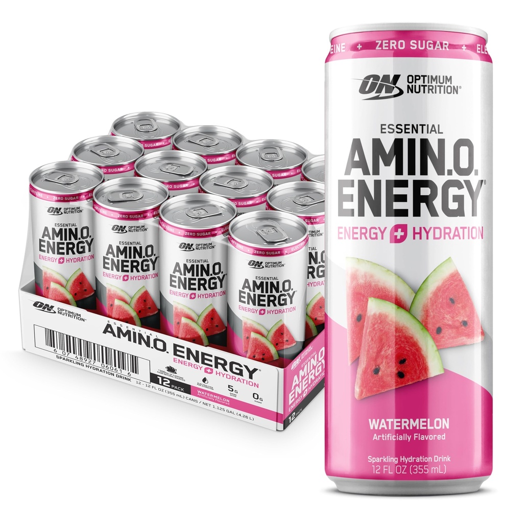 Optimum Nutrition Amino Energy Sparkling Hydration Drink, Electrolytes, kofeín, Amino Acids, BCAAs, Sugar Free, Watermelon, 12 Fl Oz, 12 Balenie (Backaging May Vary)