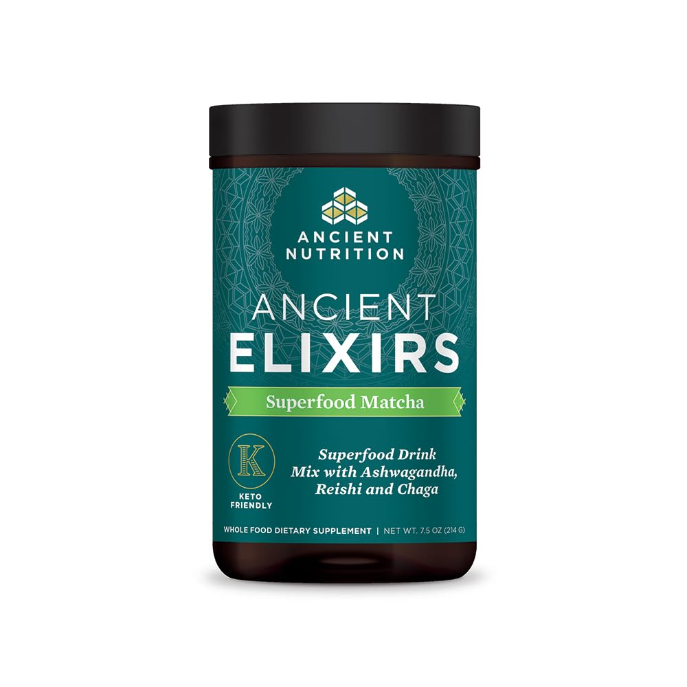 Matcha Green Tea Powder with Ashwagandha by Ancient Nutrition, Ancient Elixirs Superfood Matcha Energy Powder, with MCTs, Propaguje zdravé úrovne energie, Paleo a Keto Friendly, 20 Služobné