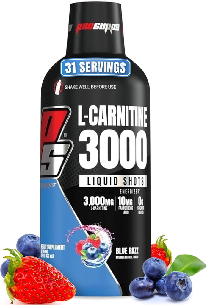 PROSUPPS L-karnitín Tekutina 3000, Stimulant-zadarmo Liquid Shots for Men & Women - Clean Workout Drink for Energy, Performance & Muscle Recovery - No Cukor, No Carbs - 31 Servings, Blue Razz