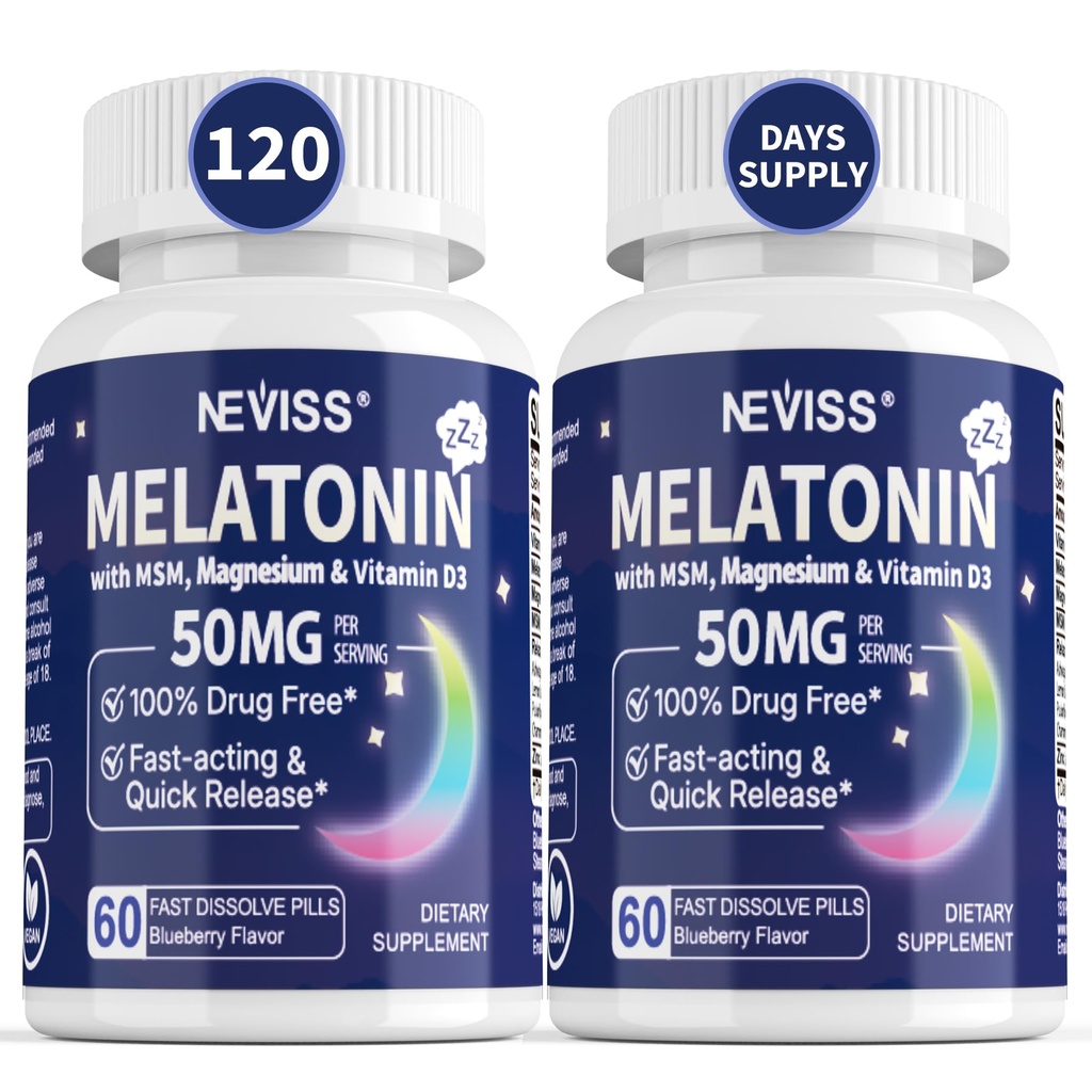 NEVISS Melatonín 50 mg pre dospelých - extra sila 9-in-1 Rýchle rozpustenie Sublingválne - vysoká dávka s horčíkom Glycinátom, vitamín D3, ashwagandha, citrónový balm, harmanček, bez cukru,Vegan 120 tabliet