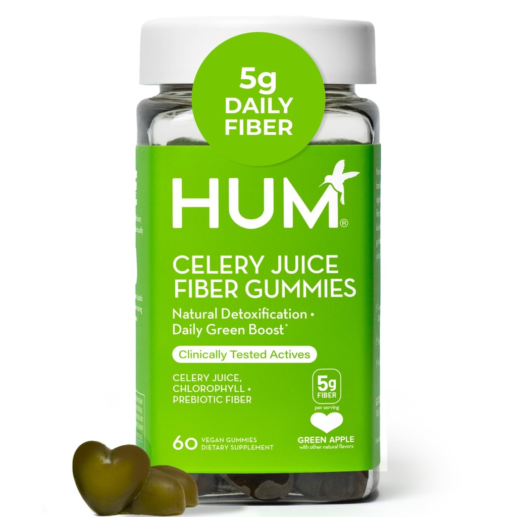 HUM Zelerová šťava Fiber Gummy pre dospelých, Prvý Prebiotický Zelerová šťava Gummy, Gluten Free Fiber Supplement podporuje detoxikáciu, Gut Health, Zelené Gumies, Chlorofyl & Prebiotické Fiber, 60 Počet