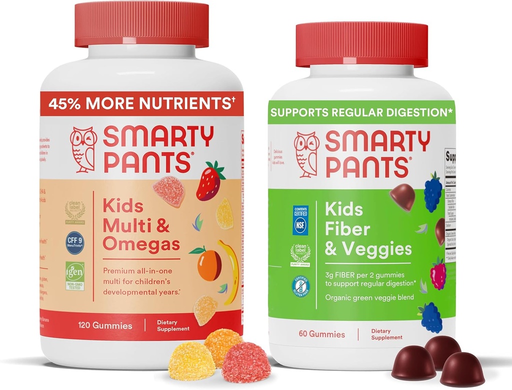 SmartyPants Kids Multivitamín + Fiber & Veggie Bundle: Omega 3 Fish Oil, Prebiotic Fiber, Gluten-free, Tri ovocie a zmiešané Berry Flavors, Multi & Omegas (120 Počet) + Fiber & Veggies (60 Počet)