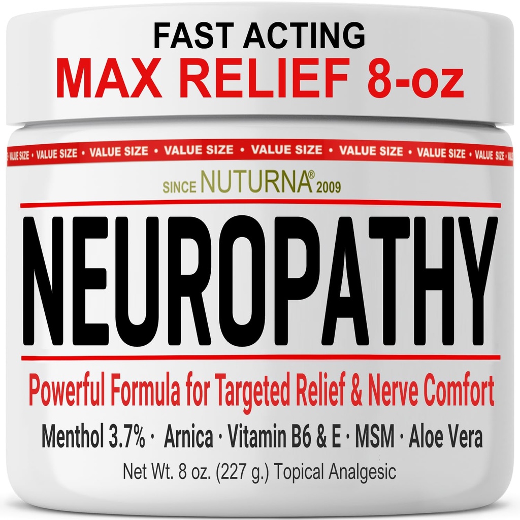 Neuropatia Relief Cream - Rýchle pôsobenie Max Relief pre nohy nohy nohy prsty - Ultra Strength Menthol, Arnica, Aloe Vera, MSM, Prírodné upokojujúce Nerve Relief - Extra veľké 8 oz