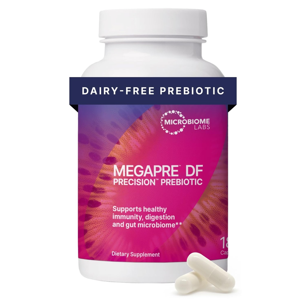 Microbome Labs MegaPre DF - Mliečne prebiotické Fiber Supplement - Gut Health Prebiotiká pre ženy, mužov a deti 3+ - Podpora Mikrobiálna diverzita (180 kapsúl)