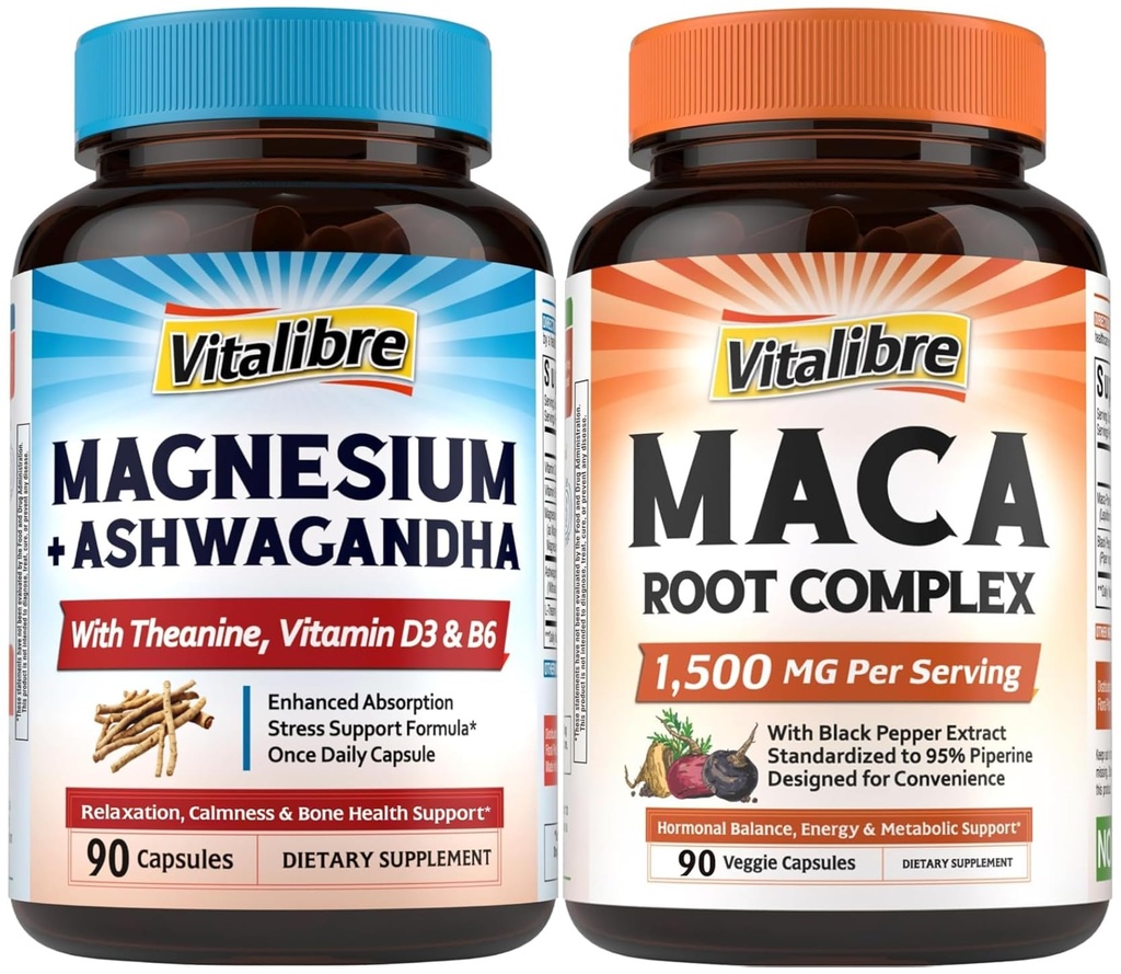 Vitalibre Magnesium Complex 90 Vegan Capsules and Maca Root 1,500mg 90 Capsules Bundle Non-GMO