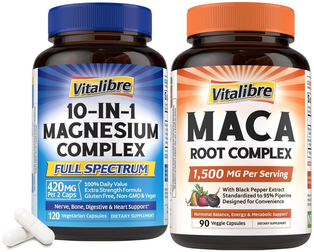 Vitalibre 10 in 1 Magnesium Complex 420mg 120 Vegan Capsules and Maca Root 1,500mg 90 Capsules Bundle Non-GMO
