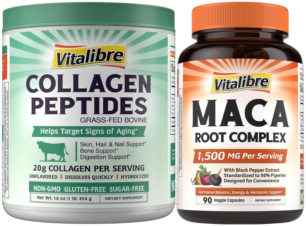 Vitalibre Bovine Collagen Peptides Powder and Maca Root Capsules Bundle, Dietary Supplements, Vegan-Friendly
