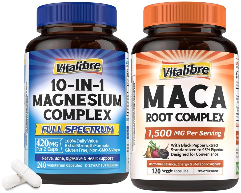 Vitalibre 10 in 1 Magnesium Complex 420mg 240 Vegan Capsules and Maca Root Capsules 1,500mg 120 Capsules Bundle Non-GMO