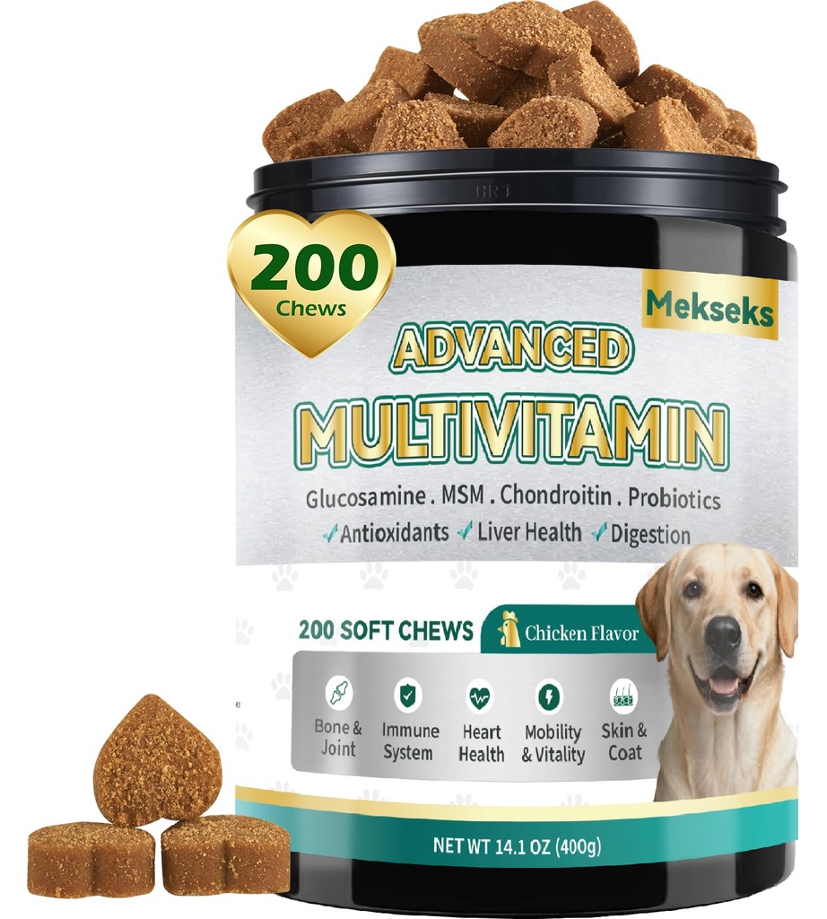 Advanced 24-in-1 Multivitamin Chews for Dogs - 200 Soft Vitamin Supplement | All-in-One Vitamins, Supports Skin Coat, Itch Relief, Joints, Gut Health, 12 Essential Vitamins, Treats, with Omega-3