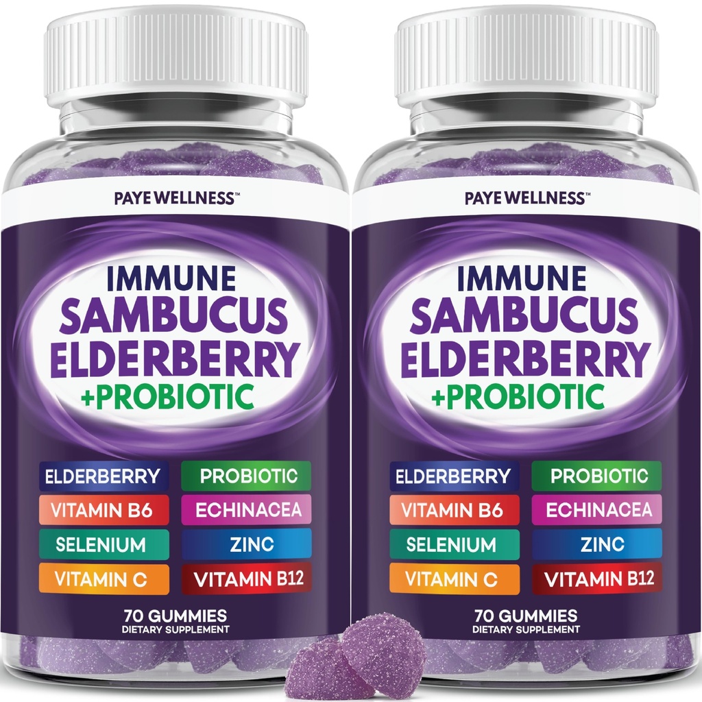 Bazové Gummy Imunitná podpora, Denná podpora pre deti a dospelých*, s Sambucus bazalky, Zinok, Vitamín C, D3, B6, B12, Plus - Dietary Supplement - 140 Count