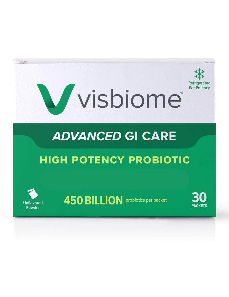 Visbiome® Advanced GI Care - High Potency Probiotic 450 Million Strength - 30 Pakety Unflavred Powder - Original De Simone Formulation - Shipped Cold in Recyclable Cooler with Temper Monitor.