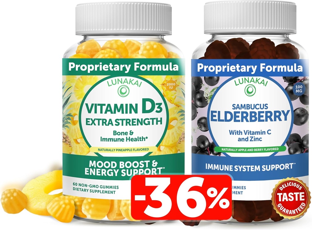Lunakai vitamín D3 a bazové guličky Bundle - Imunita, kosti a nálada podpora doplnok pre dospelých a deti - Non-GMO, žiadna kukuričná sirup, Všetky prírodné Gummy