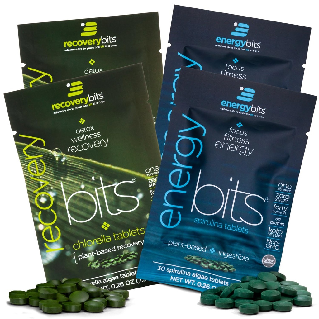 ENERGYbits/RECOVERYbits - Organic Spirulina & Chlorella Tablets - Single Serving Sample Packs - Algae Superfood - High Protein, Chlorofyl - Self Care - Vegan, Keto, Gluten Free - 4 vrecká, 30/Bag