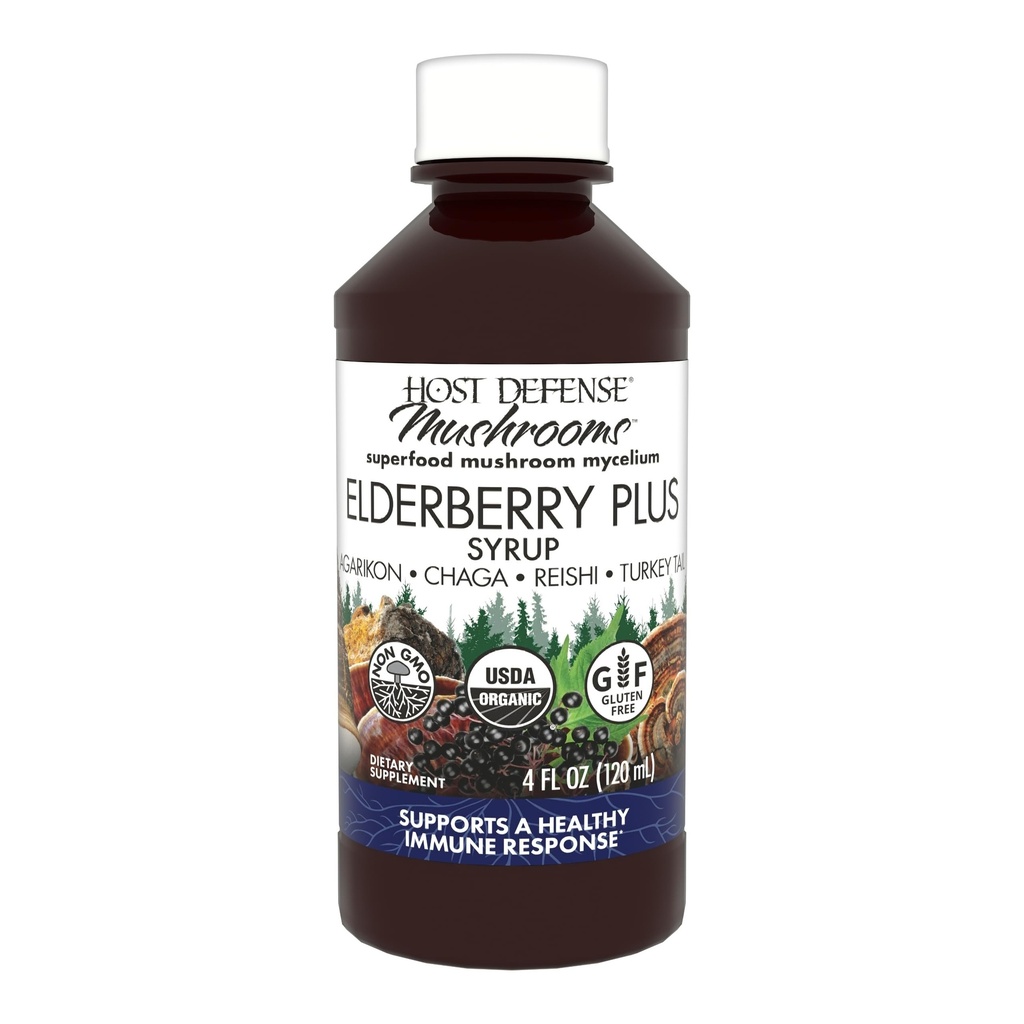 Host Defense Elderberry Plus Sirup - Immune, Respiratory & Lung Suplement* - Liquid Mushroom Supplement with Turkey Tail, Reishi, Agarikon & Chaga* - 4 fl oz (12 Servings)