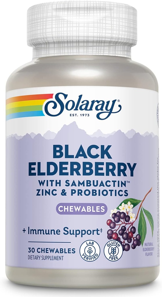 SOLARAY Black Elderberry Extract with Zinc, Probiotics & Vitamin C | Healthy Immune System Support | 30 Chewable Tablets