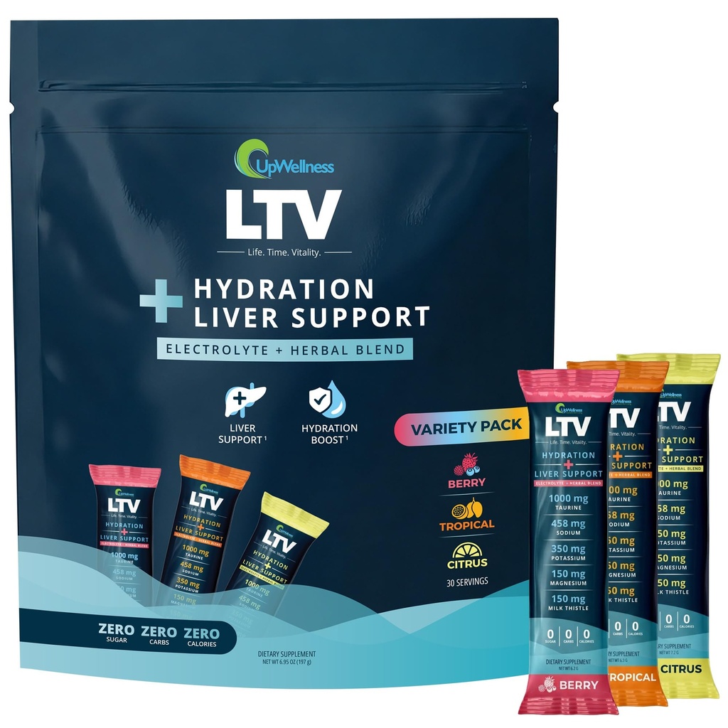 UpWellness LTV Liver Hydration Packets - Electrolytes Powder Packets for Hydration and Liver Support - Physician-Formulated - Zero Added Sugar - 30 Packets - Berry, Tropical & Citrus Variety Pack