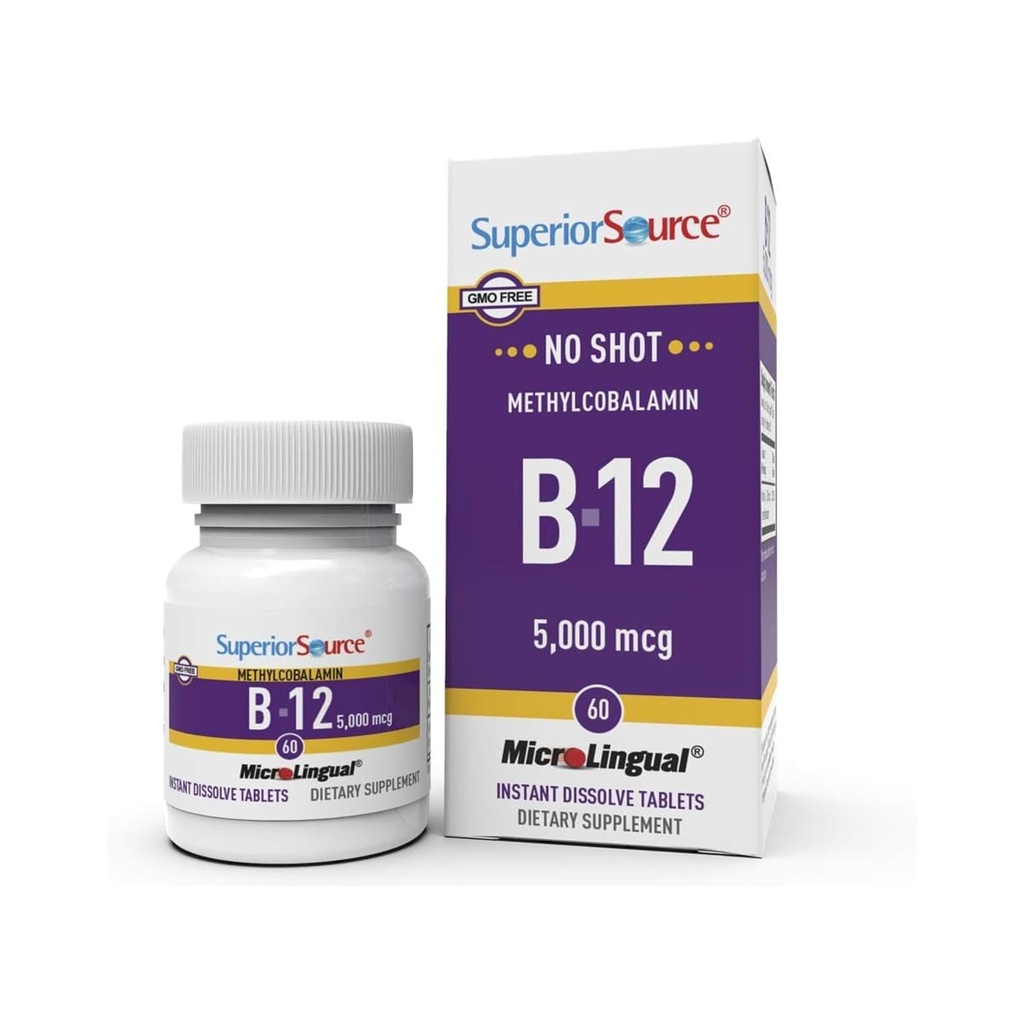 Superior Zdroj Nie Shot Metylkobalamín B-12 5000 mcg - Vitamín B-12 na podporu výroby energie, zdravie mozgu a celkový wellness - Sublingválne tablety na rýchlu absorpciu - 60 Rozpúšťajúcich tabliet