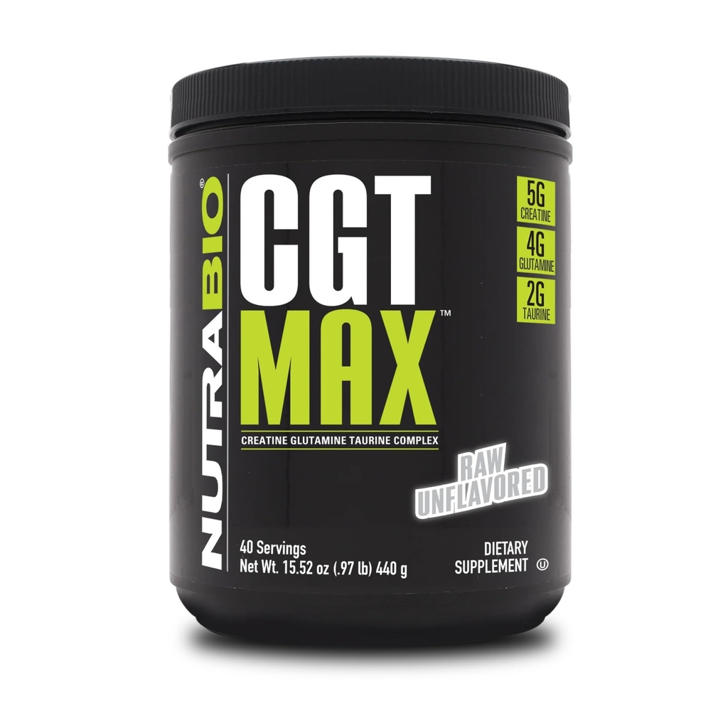 NutraBio CGT-MAX prášok-Kreatín, glutamín a taurín na podporu svalovej obnovy a sily - 40 slúži - Nepríchuťou
