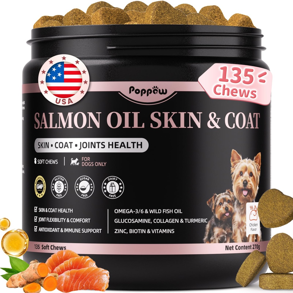 Salmon Oil for Dogs Skin & Coat, 13 in 1 Wild Alaskan Fish Oil for Dogs | Omega 3 EPA & DHA & ALA Fatty Acids, Dog Allergy Relief Chews, Joint & Immune Support, 135 Count, Chicken Flavor, Soft Chews
