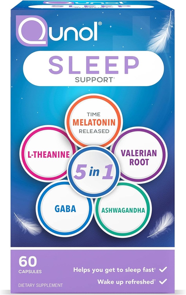 Qunol Sleep Support, 5 in 1 Non-Habit forming sleep aid, Supplement with time-released Melatonin 5mg, Ashwagandha, GABA, Valerian Root, L-Theanine, 60ct Kapsule