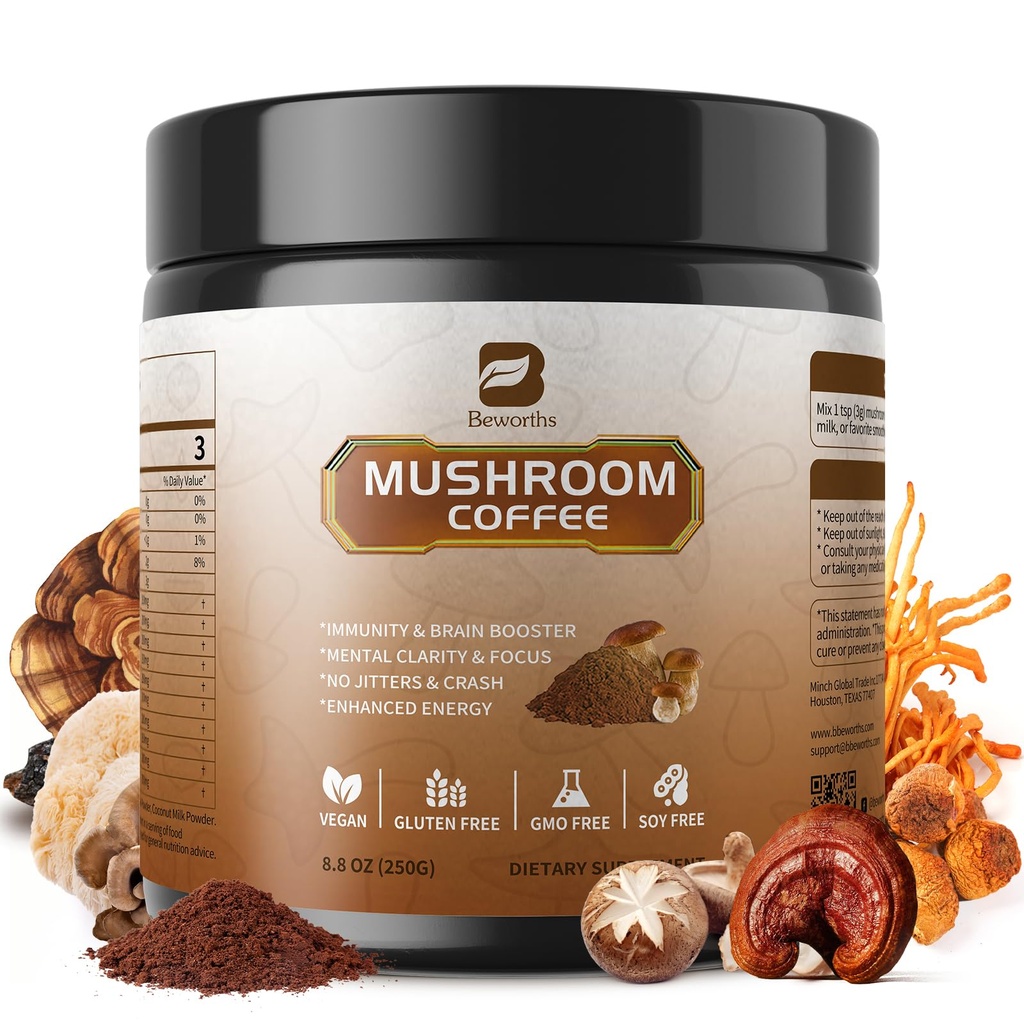 Mushroom Coffee - 10 Adaptogenic Mushroom Instant Coffee Powder, Low Roast | Mix Arabica Coffee, Lion's Mane, Reishi, Chaga, Cordyceps, Turkey Tail for Immune Booster, Mental Clarity & Focus, Digestion