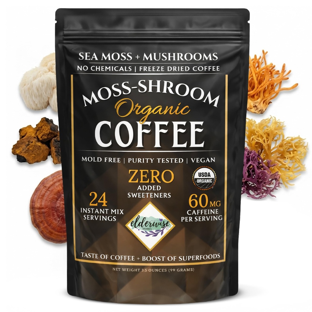 Elderwise Organics Mushroom Coffee with Sea Moss, Organic Instant Blend | Lions Mane, Chaga, Reishi & Cordyceps Superfood Coffee, Vegan, Zero Sugar, 60mg Caffeine, 24 Servings, 3.5 oz