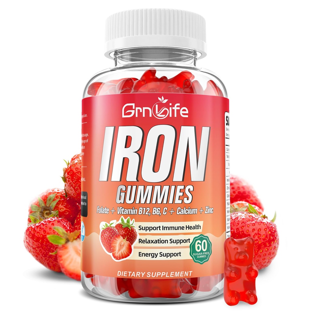 Železo Gummy pre ženy, mužov a deti, Sugar Free Iron Supplement s vápnikom, zinkom, folátom a vitamínom B12, C, B6 - pre budovanie krvi a podporu energie, anémia, jahod, 60 gróf