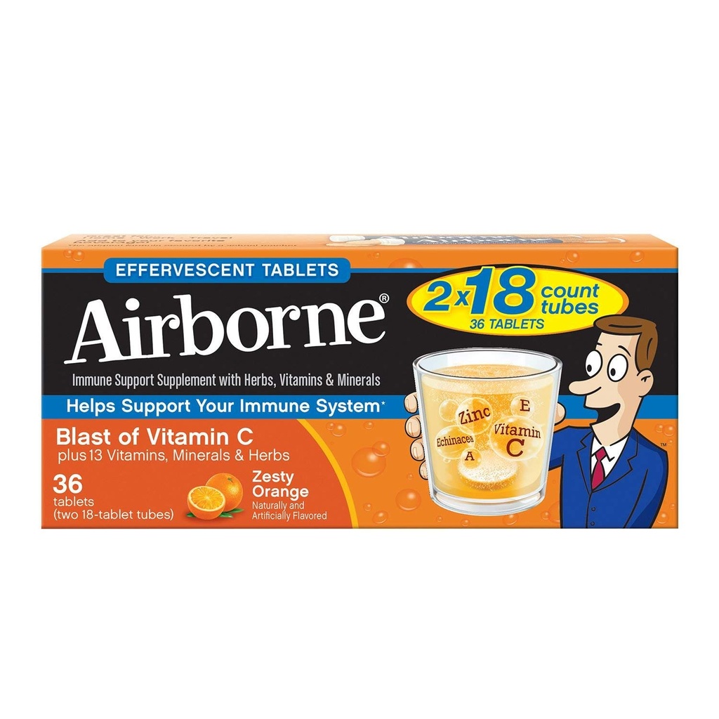 Vitamín C 1000 mg (na porciu) - Airborne Zesty Orange Effervescent Tablets (36 počet v krabici), Gluten-Free Immune Suplement a High in Antioxidants