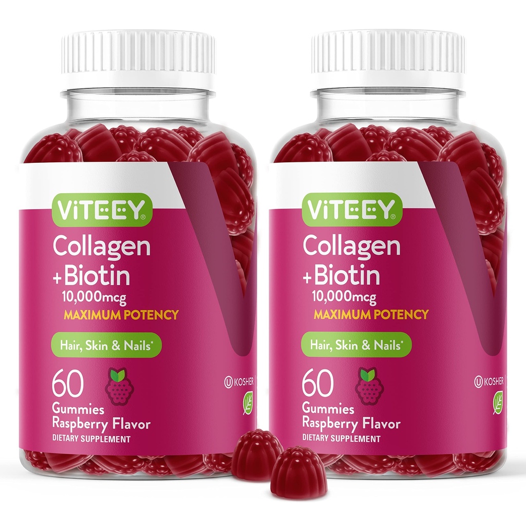 Viteey Collagen Gummies s biotín Gummies pre vlasy kože a nechtov Vitamíny - Biotín a kolagén Doplnky pre ženy a mužov - Vegan, Gluten-Free 120