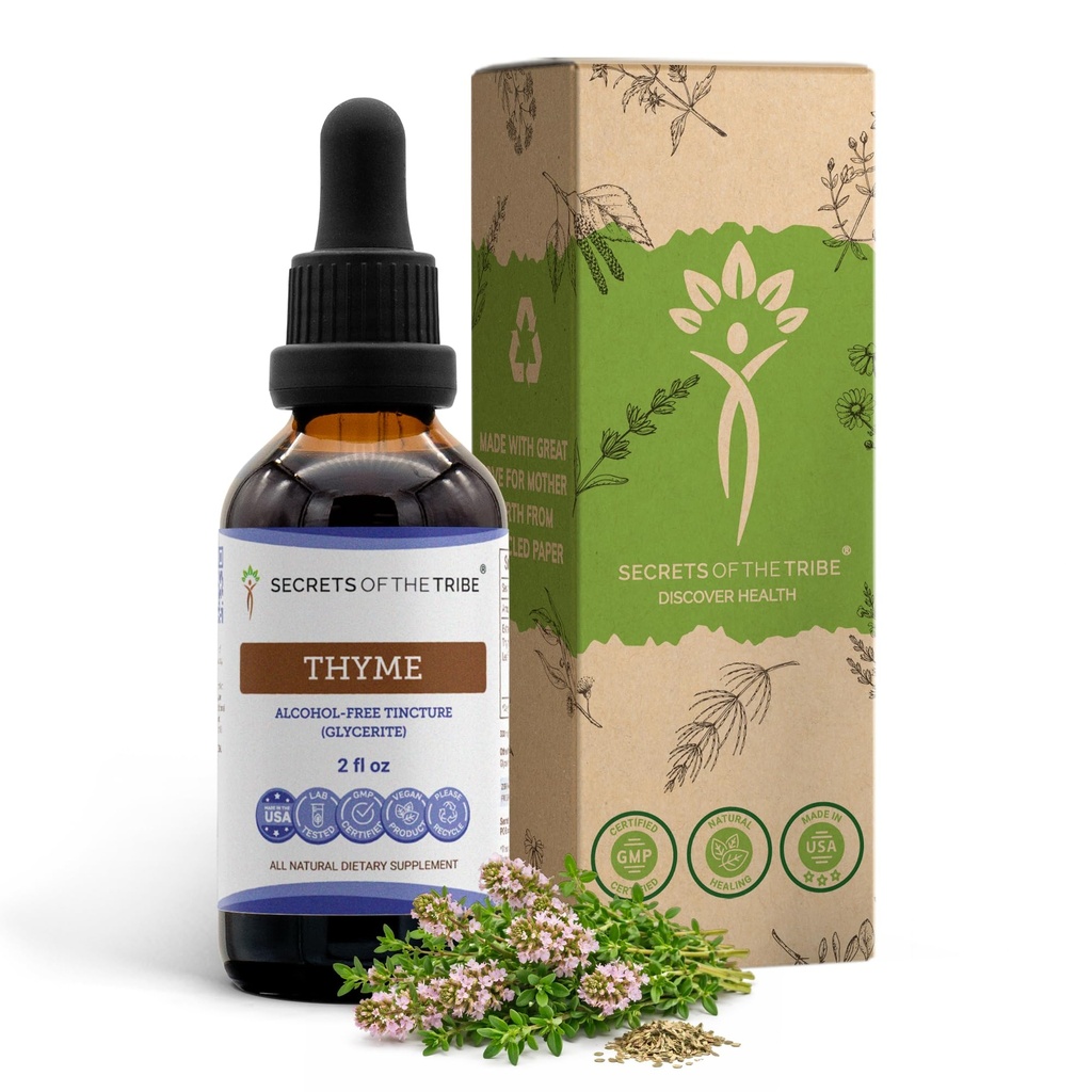 Secrets of the Tribe Tymine Alkohol-Free Liquid Extract, Tymeus Vulgaris Supplement (Thymus Vulgaris) Supplement for Leaf Tincurtation (2 FL OZ)