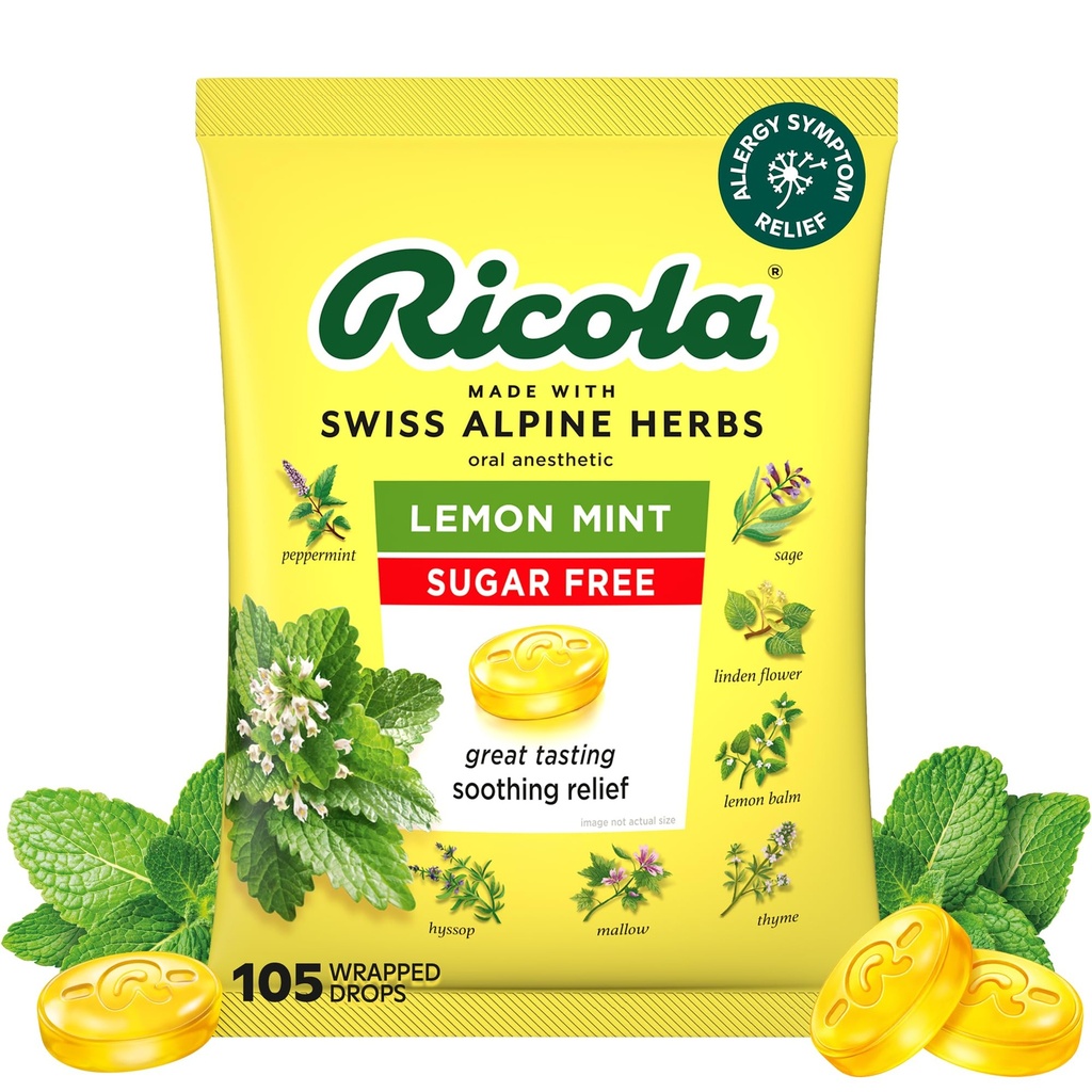 Ricola Sugar Free Lemon Mint Bylinný Kašeľ Potlačenie Throat Drops, 105ct Bag