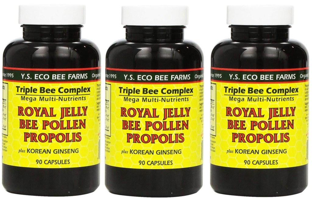 Y.S. Eco Bee Farmy, (3 balenia) Royal Jelly, Bee Pollen, Propolis, Plus kórejský ženšen, 90 kapsúl