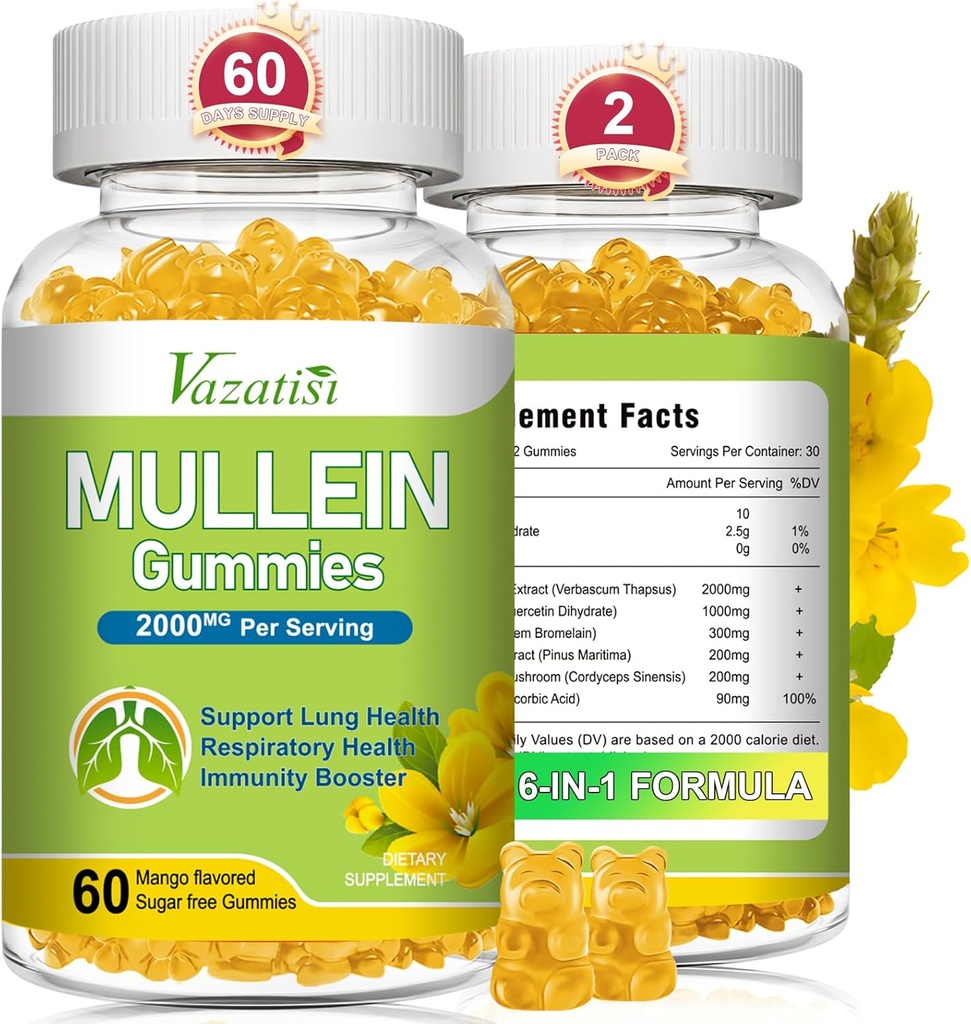 Mullein Gummies, Mullein Leaf Extract with Bromelain, Quercetin, Pine Bark Support Lung Cleans for Healthy Breathing, 120ct