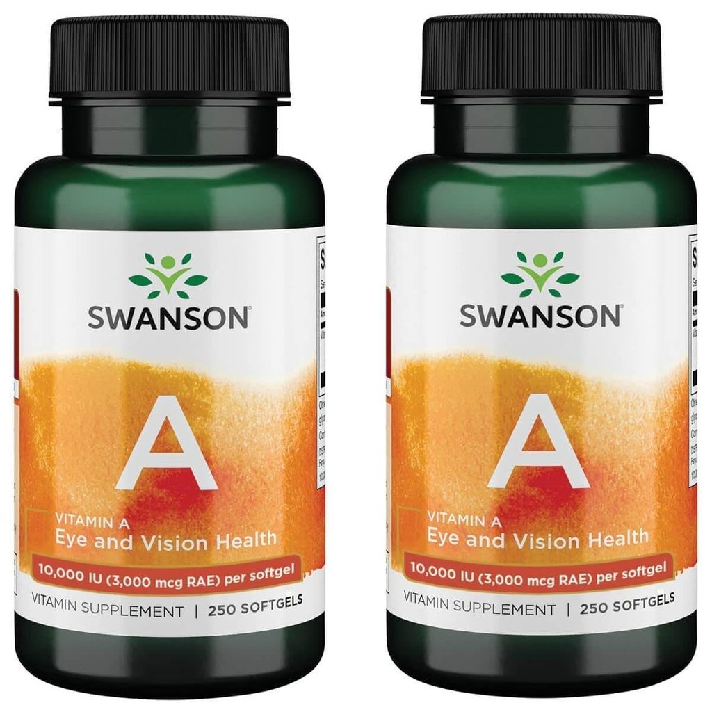 Swanson Vitamín A 10 000 IU (3 000 μg RAE) Prírodná výživa pre kosti, zdravie kože, podpora zraku a imunitný systém Funkcia - vysoká absorpcia Vitamín A 250 Softgels (2 balenia)