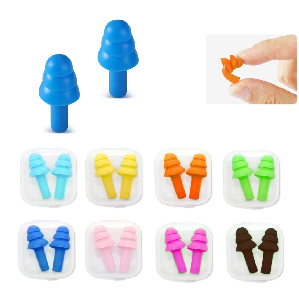 Silicone Earplugs for Swimming, Sleeping, Snoring, Work, Concerts - Noise Cancelling, Reusable Ear Protection, 8 Pairs